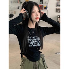 美式辣妹短款字母印花正肩长袖t恤女春季新款薄款高腰设计感上衣