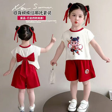儿童夏季薄款套装女卡通哪吒亮灯变色T恤宽松短袖酷闪短裤两件套
