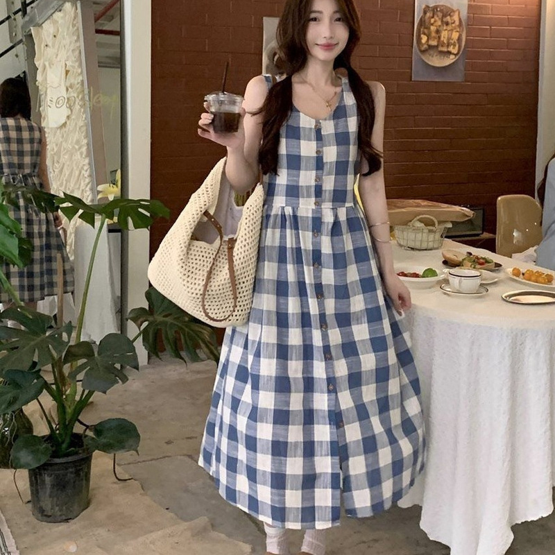Retro Style Buttoned Off-Shoulder Vest Dress for Women, Summer Casual Loose Waist Slimming A-Line Long Dress Cross-Border Retro Style Buttoned Off-Shoulder Vest Dress for Women, Summer Casual Loose Waist Slimming A-Line Long Dress Cross-Border
