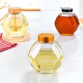 玻璃蜂蜜瓶钻石六棱瓶竹盖木塞密封防漏玻璃蜂蜜罐糖果果酱储物罐