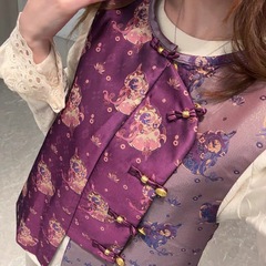 紫葫芦秋款真丝缎面复古拼接老钱风马甲背心设计款