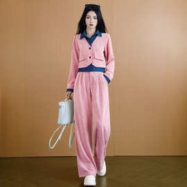 韩系温柔拼接2025秋冬新款休闲运动阔腿裤套装女减龄显瘦两件套女