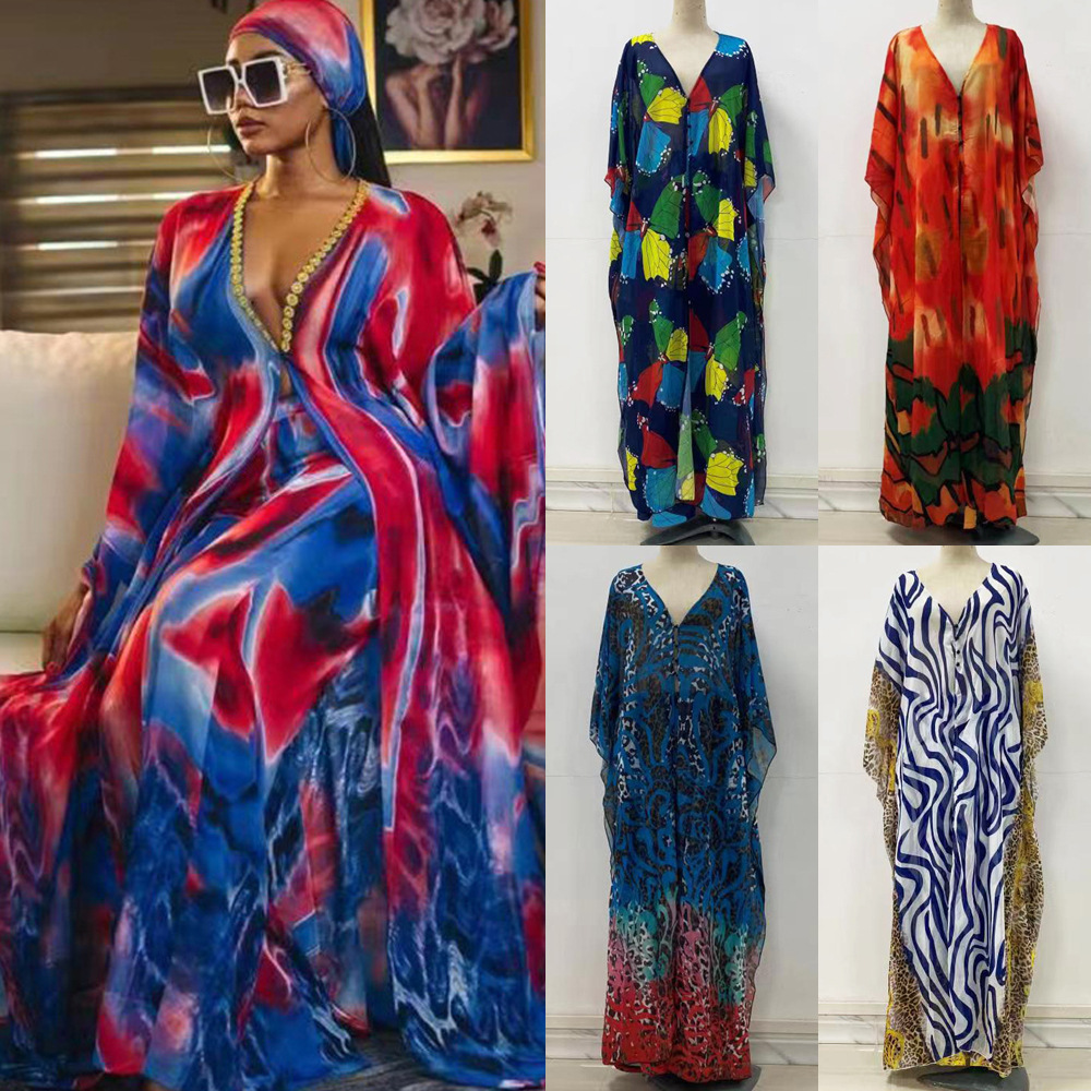 2025 vestido nuevo transfronterizo de primavera para mujer africana de gasa de Amazon vestido largo con temperamento estampado en V profundo de talla grande