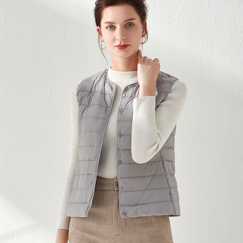 Cross-border supply thin down vest women's short round neck button liner v-neck vest 50 velvet warm down jacket