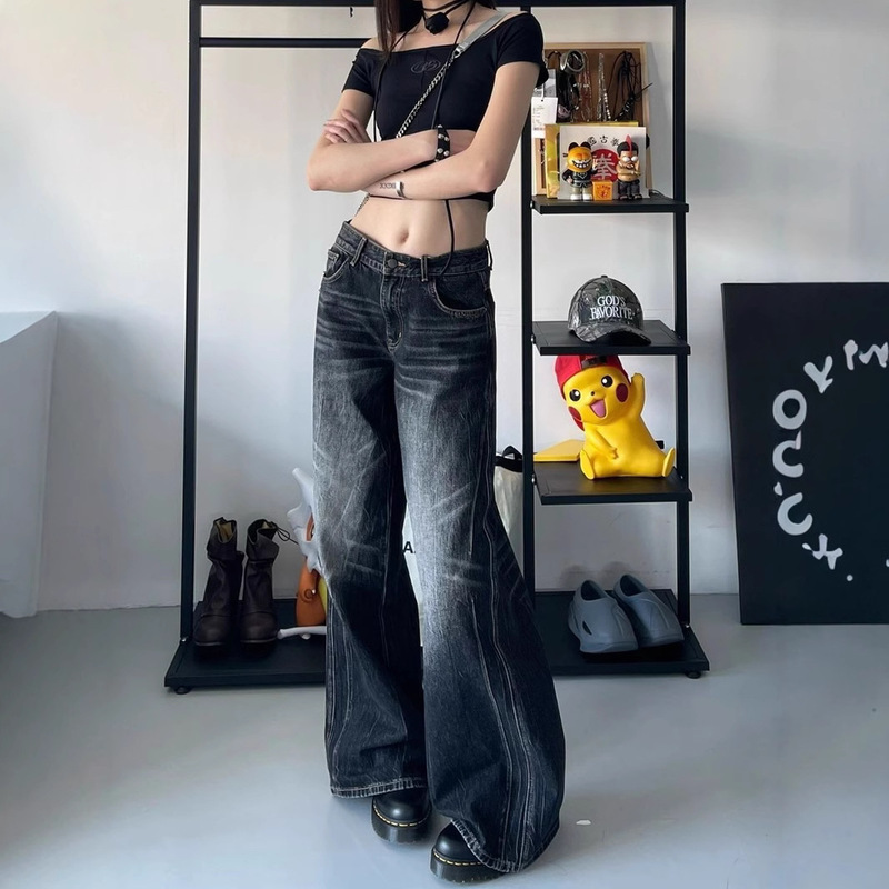plus size American Style High Street Vibe Black Washed Jeans Women's Straight Loose High Waist Slimming Wide Leg Trousers plus size American Style High Street Vibe Black Washed Jeans Women's Straight Loose High Waist Slimming Wide Leg Trousers