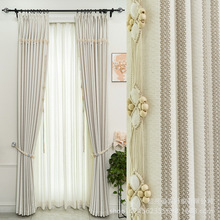 现代简约客厅阳台透光不透人亚麻窗帘窗纱轻奢大气棉麻条纹窗帘
