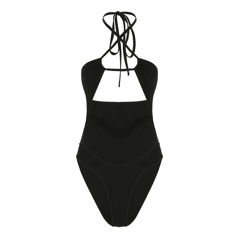 Halter Cross-Lace Slim Jumpsuit, 95% Polyester 5% Spandex, Solid Black, S–L
