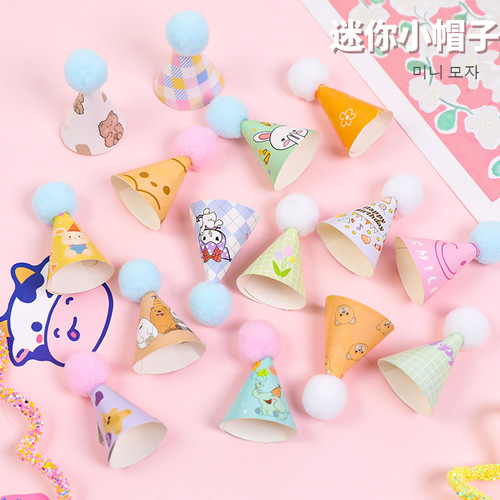Mini Korean ins bear birthday hat cake decoration ornaments Cartoon cute smiling plush ball hat plug-in