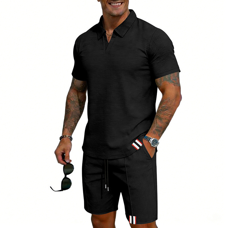 Men's Summer Waffle Knit Polo Shirt And Shorts Set, Casual Breathable Comfort Outfit For Daily Wear ​​Lightweight & Quick-Drying Fabric​_viptrois.com