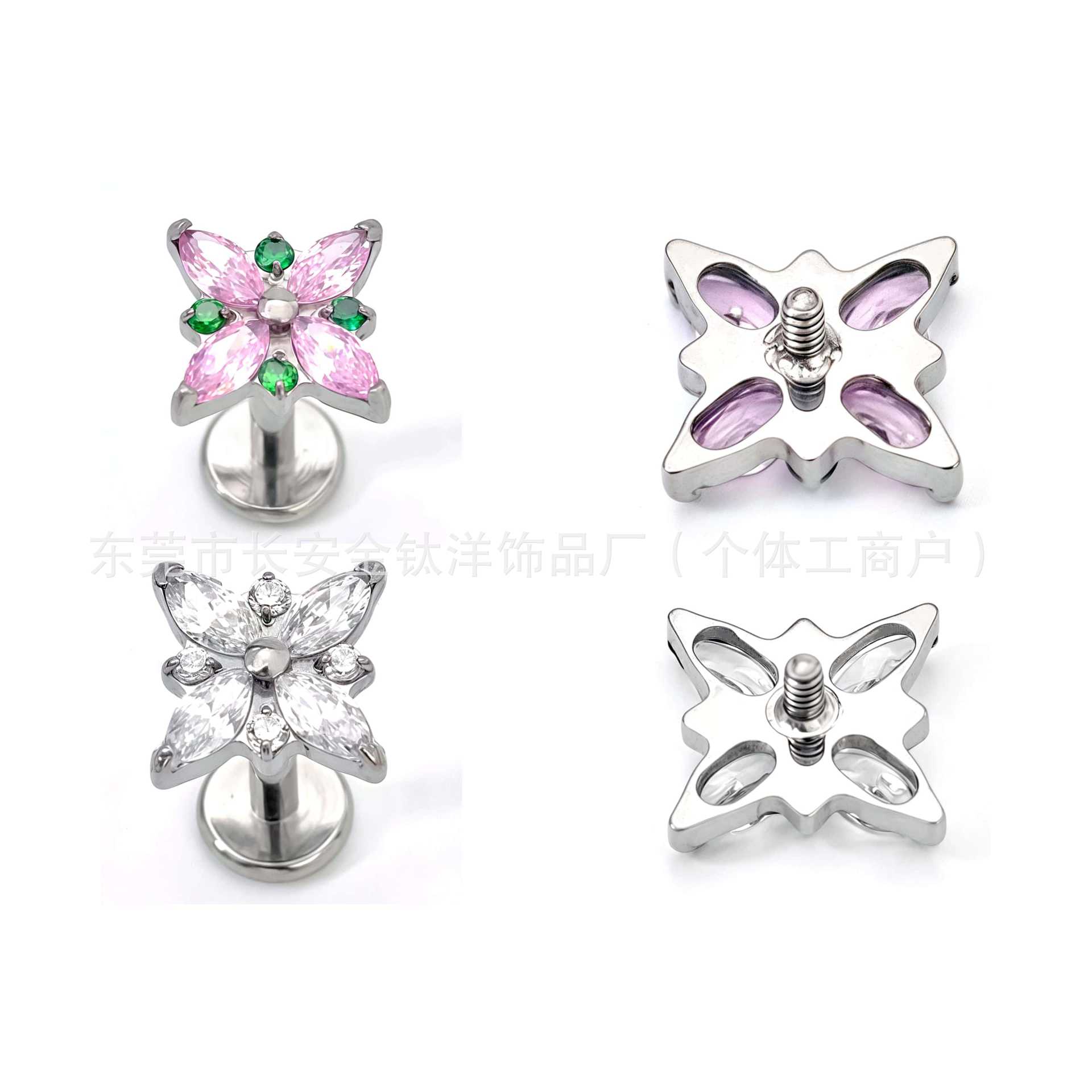 F136 Titanium Internal Thread Cross Flower Zircon Ear Lip Nail Barbell - G23 Titanium Body Piercing Jewelry detail image 7