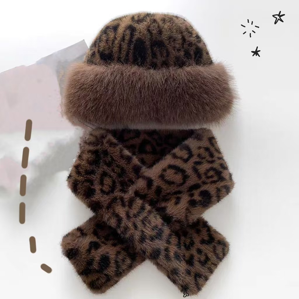 Sombrero de leopardo de Mongolia de peluche osos orejas sombrero de mujer otoño invierno imitación de piel sombrero de pescador bufandas variantes bufandas image 3