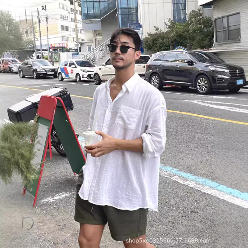 European High-end Cotton and Linen Shirt Men's Skin-friendly Breathable Loose Long-sleeved Thin Sunscreen Tooling Shirt Linen Trendy Shirt