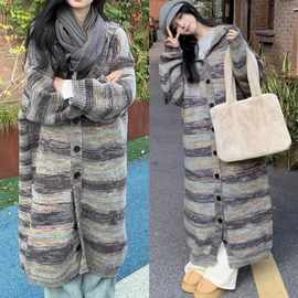 秋冬新款复古宽松慵懒撞色连帽中长款开衫过膝针织毛衣外套女大衣