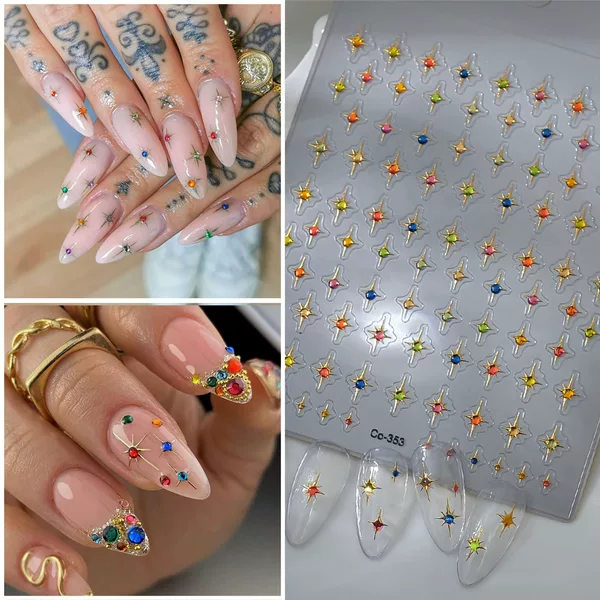 Six-Pointed Star Nail Stickers with Gold Foil and Jelly Composite Technology, Imitation Rhinestone Adhesive Nail Stickers, Starry Sky Cross-Border Nail Decorations