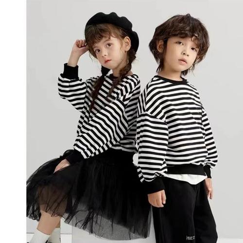 New Autumn Children's Sweatshirt Two-Piece Black and White Striped Top Casual Round Neck Loose Fit for Boys and Girls Fashion