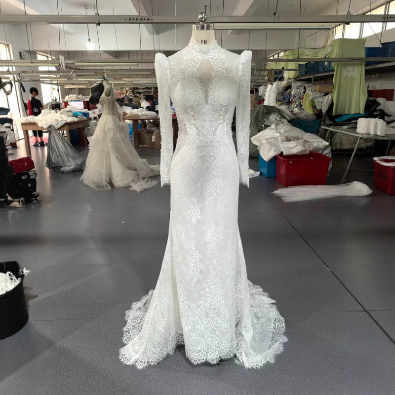 Factory Direct Supply High-Neck Lace Long-Sleeve Mermaid Wedding Dress Exquisite Hollow-Out Slim-Fit Bridal Gown Light Luxury Wedding Dress