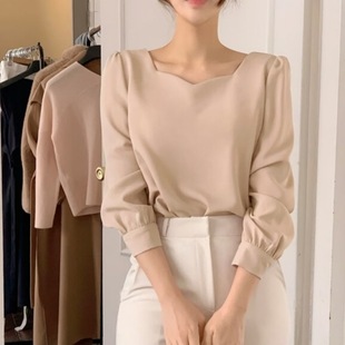 South Korea chic elegant simple love square collar puff sleeve all-match pullover gentle solid color shirt