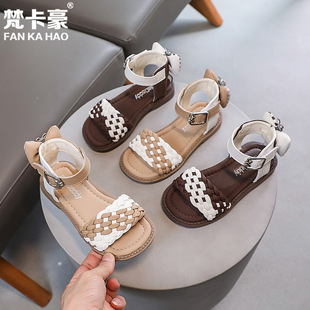 Fankahao children's woven sandals 2024 Summer new girls' fashion bow soft bottom Princess Roman sandals