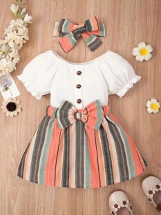 U 77240 Striped Sleeve Skirt Scarf Set ƴ�ӗl�yͯȹ ��