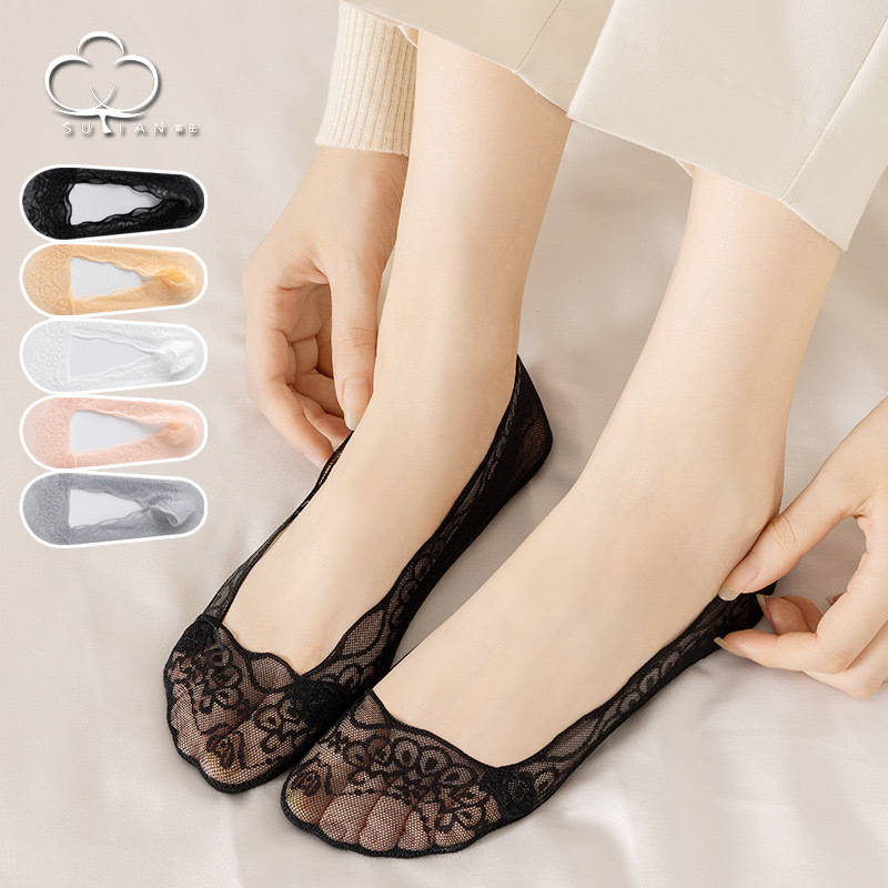 Boat socks women's lace summer thin cotton bottom breathable sweat-absorbent short socks silicone non-slip heel shallow mouth invisible socks