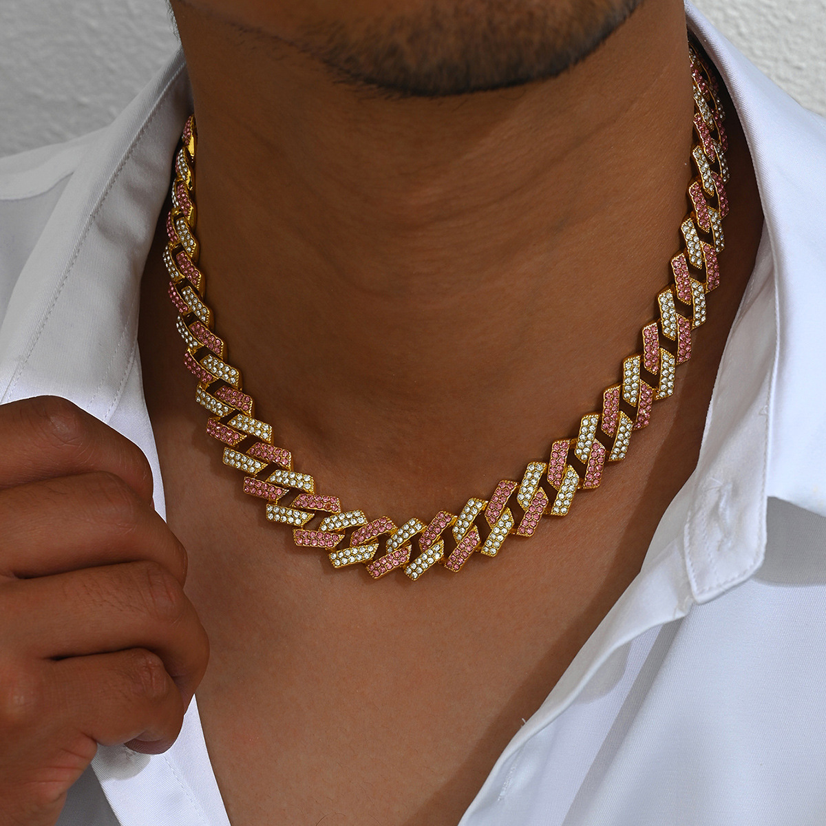 Men's Double Row Diamond Cuban Chain Necklace For Stylish Look_voghion.com