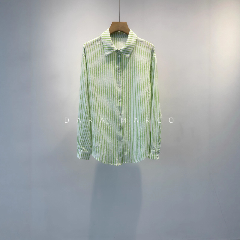 Slightly Creped, Color-Woven Striped Texture, Loose Fit, Small Lapel, Long-Sleeved, Versatile Shirt for Women, Early Spring, Lazy Boyfriend Style