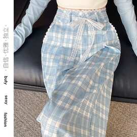 韩系蕾丝花边宽松阔腿裤女秋季多巴胺蓝色格子长裤慵懒显瘦休闲裤