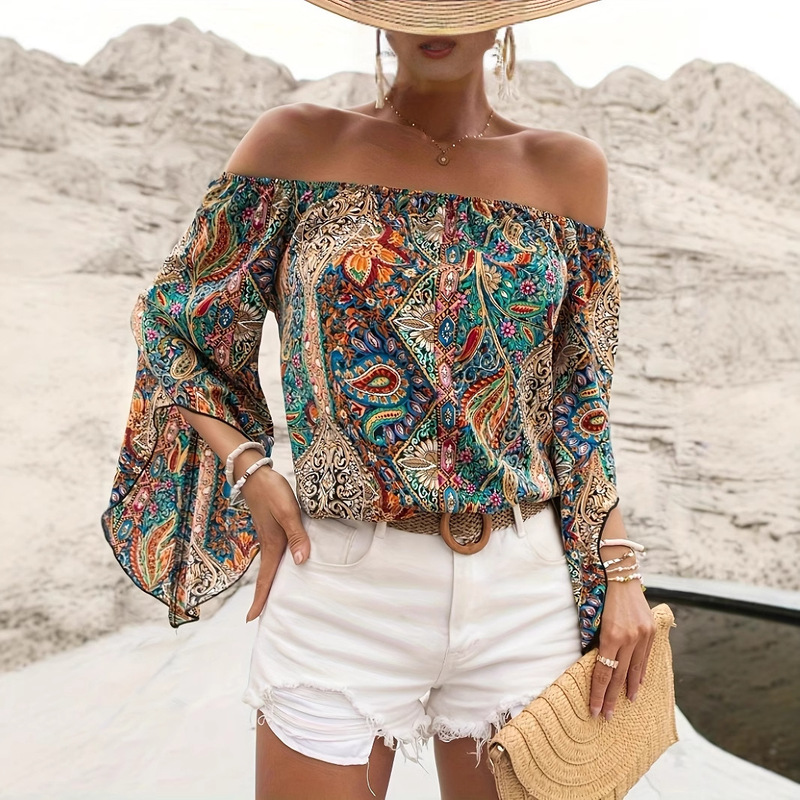 Summer Women's Vintage Ethnic Paisley Print Top Shoulder Flare Shirt