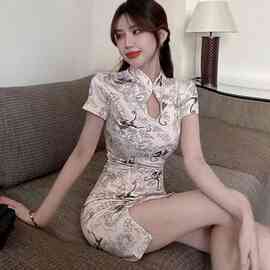 年夏季新款气质名媛国潮龙纹中国风改良少女连衣裙开叉旗袍女