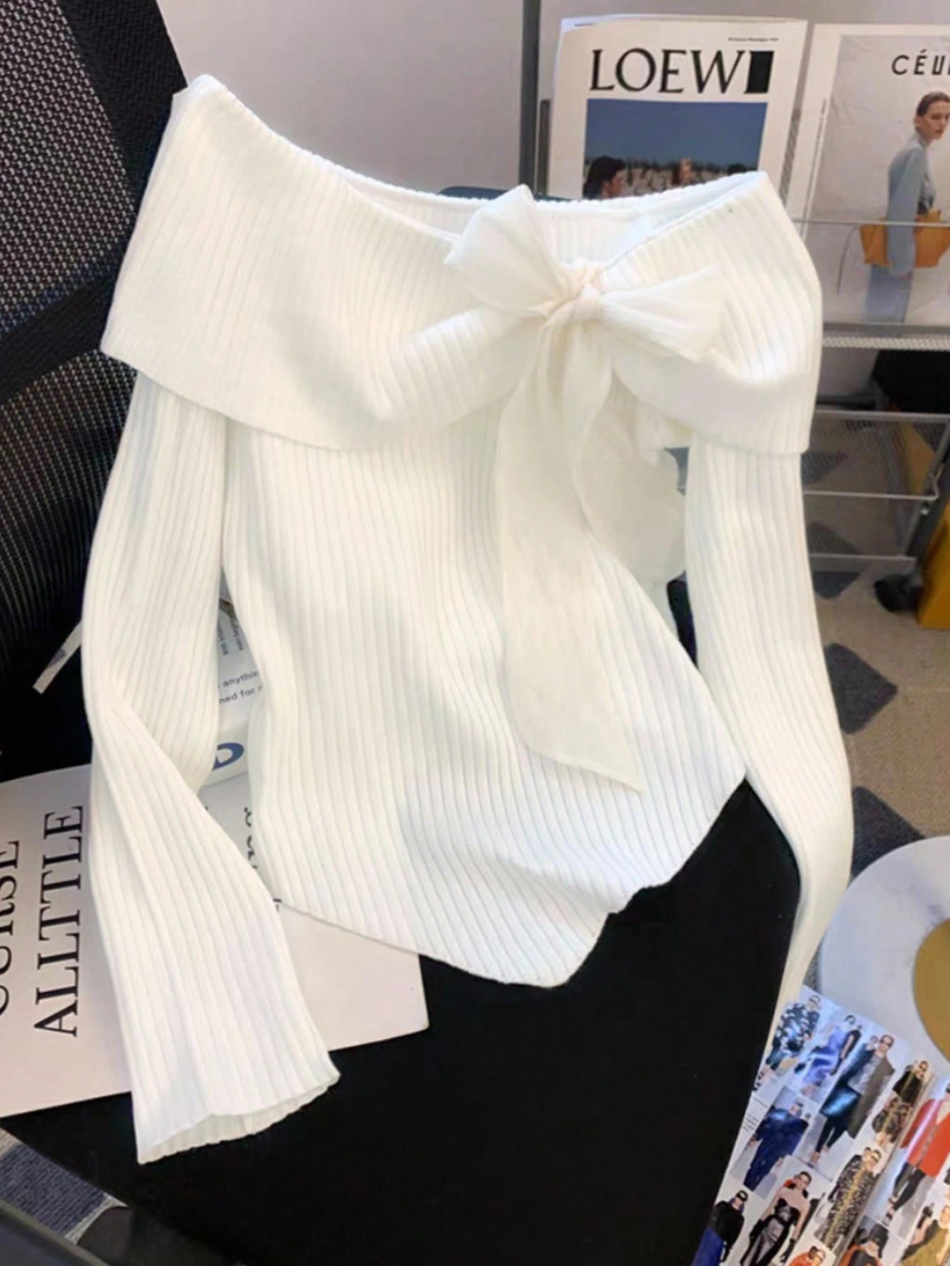 Cross-Border French Design Off-Shoulder Bow Long-Sleeve T-Shirt Early Autumn New Slim-Fit Base Top