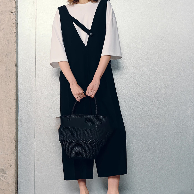 Ready Stock Kei Japanese Triacetate Minimalist Relaxed Chest Loops Deep V Silhouette Vest Style Jumpsuit Cropped Pants