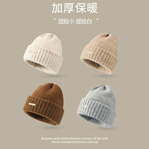 Woolen hat for women in autumn and winter, Korean version with metal label, mohair knitted cold hat for men, versatile loose, thickened and warm pile hat
