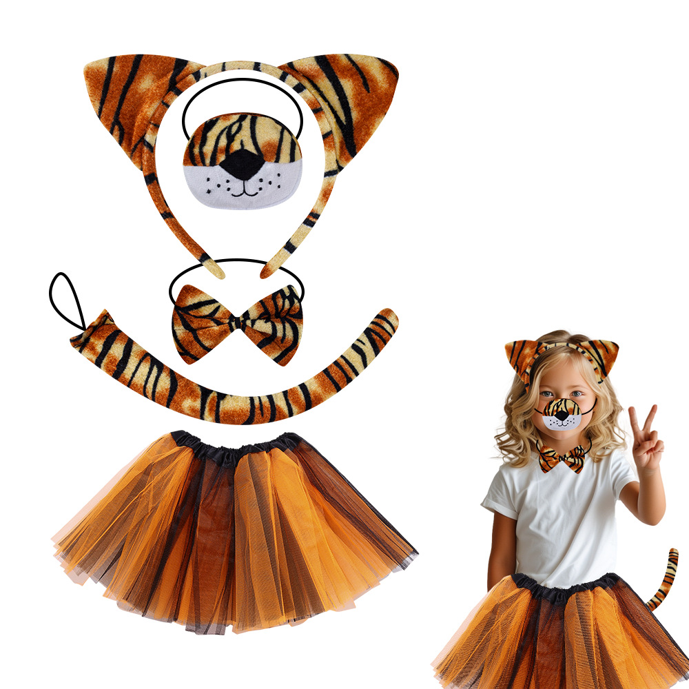Venta caliente transfronteriza Diadema de animales de Halloween Diadema de orejas de tigre Traje de nariz Bola de leopardo para niños Vestir mujer