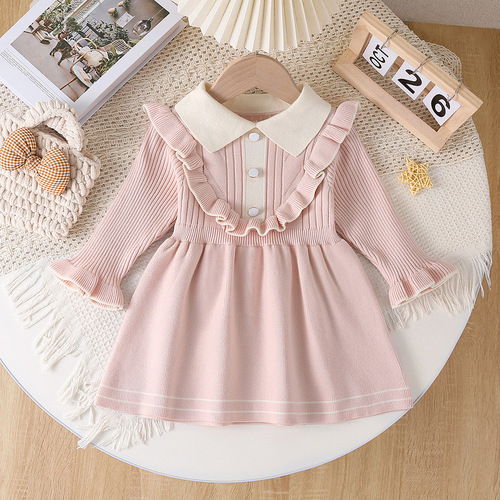 INS Bestselling Children's Knit Long Dress for Girls, Spring, Autumn, and Winter, Collar Knit Dress with Long Sleeves, Princess Dress, One-Piece Long Dress