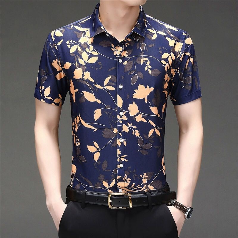 Men's Short-Sleeved Shirt Summer Printed Ice Silk Half-Sleeved Floral Large Size Fashionable Large Floral Shirt Loose Fit Men's Short-Sleeved Shirt Summer Printed Ice Silk Half-Sleeved Floral Large Size Fashionable Large Floral Shirt Loose Fit