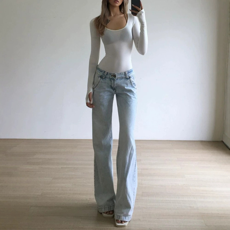American Retro Low-Waist Light-Colored Loose Jeans for Women, Summer Hot Girl Ultra-Low Crotch Casual Straight-Leg Floor-Length Pants