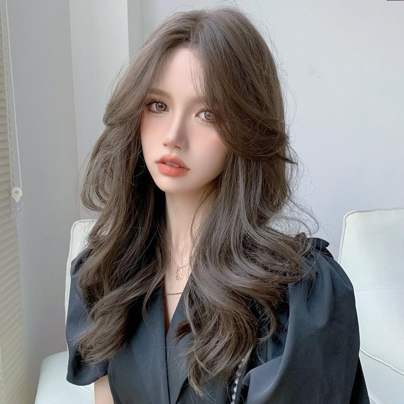 Xingcheng Wig Women's Long Hair Cold Brown Mid-character Bangs Long Curly Hair Simulation Big Wave Natural Full Head Cover