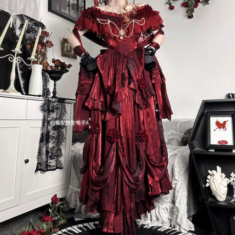 在逃公主礼服红色Lolita仙女长裙优雅洛丽塔成人礼重工蓬蓬公主裙|undefined