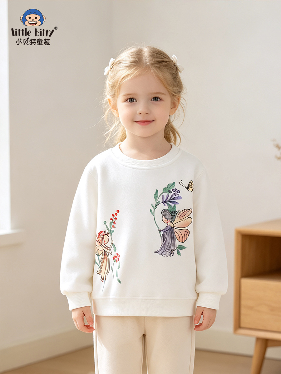 Sweet and cute 2026 children's round-neck sweatshirt for autumn and winter with butterfly elf print, girls' sweatshirt in stock