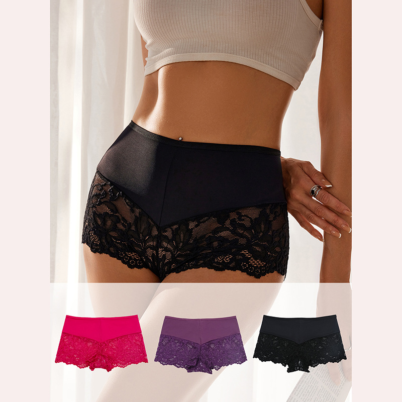 Ropa interior de mujer de talla grande europea y americana personalizada, ropa interior de encaje de encaje elástico alto de cintura alta, ropa interior bóxer transpirable de algodón, mujer