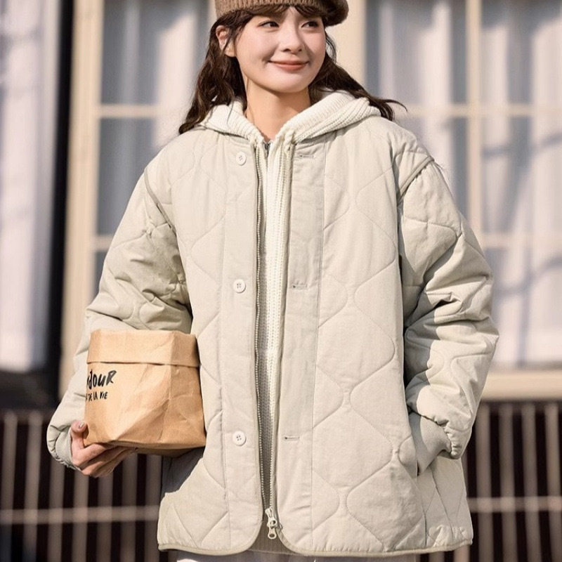 황야 공간 GRASS SPACE 일본식 레트로 다이아몬드 플레이드 코튼 패딩 코트 여자 겨울 경량 야구 면 패딩 코트