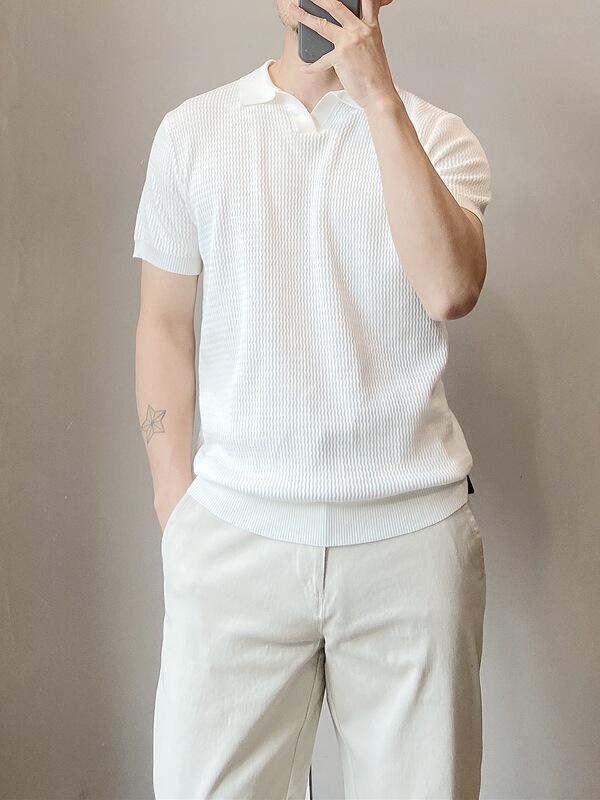 Light Mature Style Pit Strip Knitted Polo Shirt Men's Thin Breathable Slim Fit Short-Sleeved American Muscular Men's Cool Silk Shirt