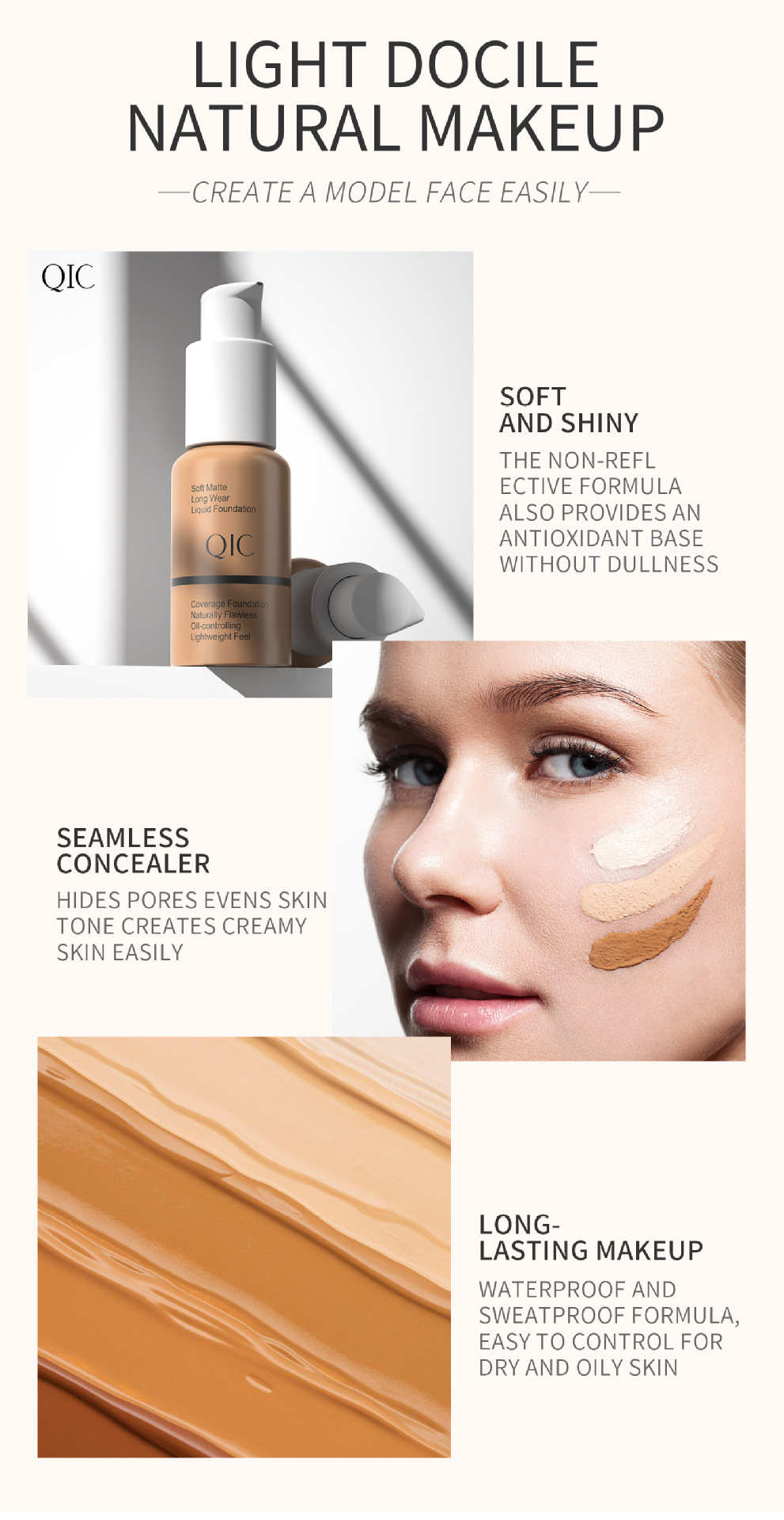 Description Picture 6 of itemQIC Soft Matte Liquid Foundation Jewel Light Brightening Moisturizing Oil-Control Wheat Fit BB Cream Concealer Makeup