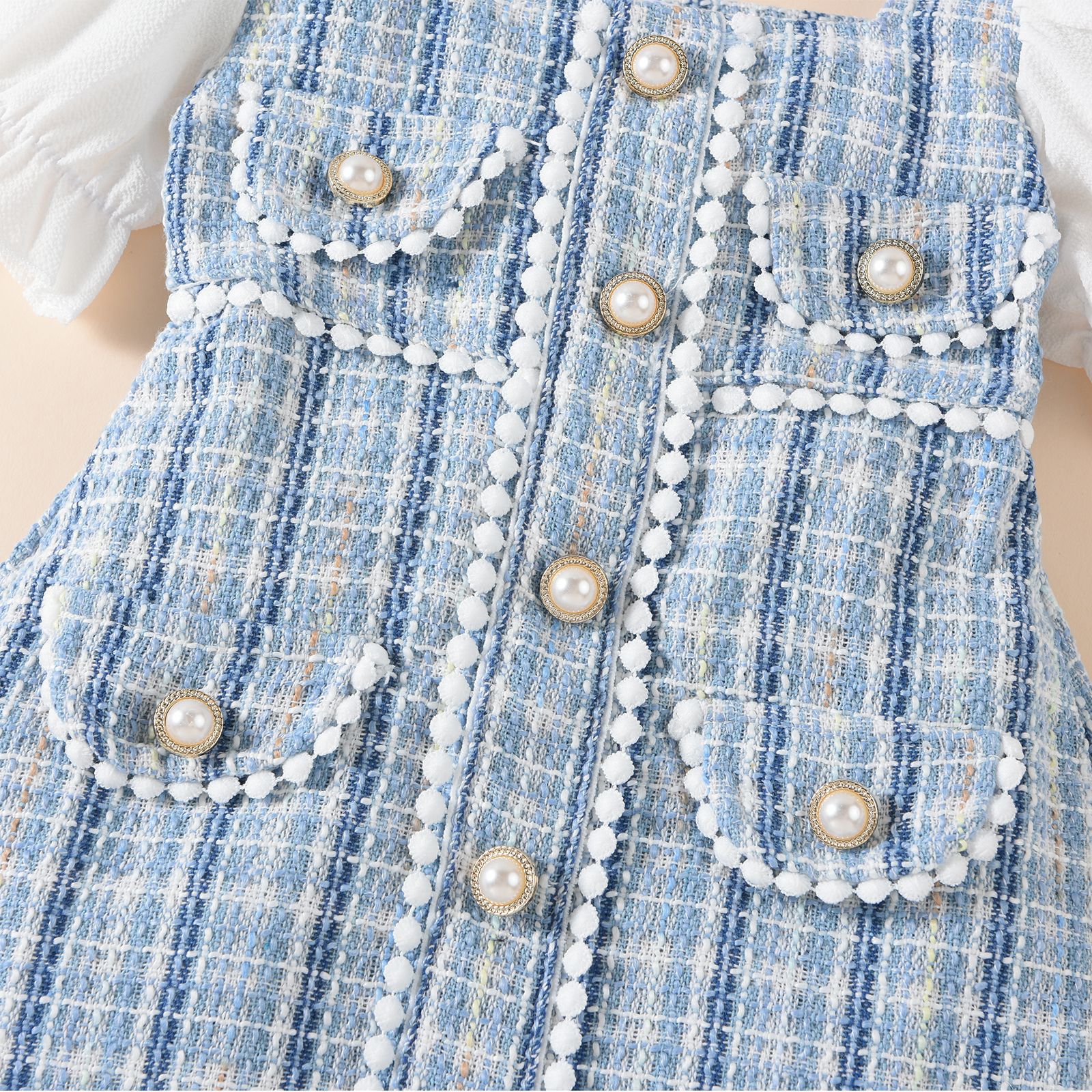 Baoshi dětské oblečení letní horký styl malý voňavý vítr hrubý kostkovaný perlový přezkový dekorace sešité bubliny_voghion.com