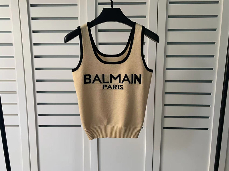 Spring Summer Autumn Balmain Sleeveless Knit Jacquard Letter Vest Sling Women's T-shirt ins Internet Popular Same Style