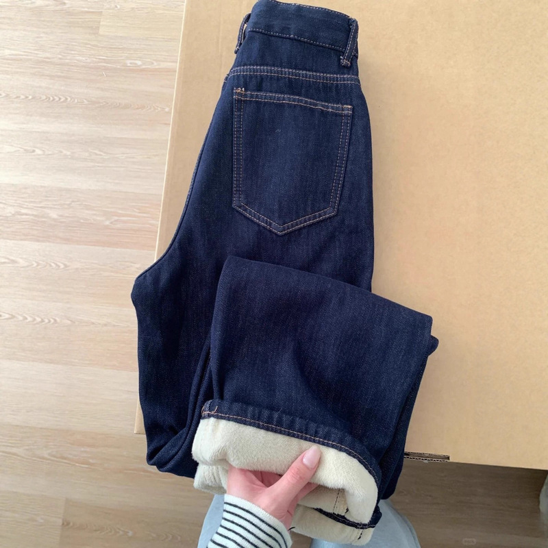 Fleece-Lined Thick Dark Blue Straight-Leg Jeans for Women, Winter Plus-Size High-Waisted Wide-Leg Pants for Pear-Shaped Figures