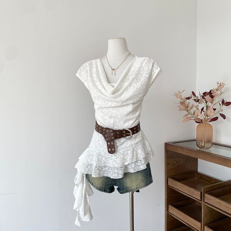 2025 Summer New Korean Style Irregular Swing Collar Ribbon V-Neck Sleeveless Lace Floral White Vest Shirt for Women