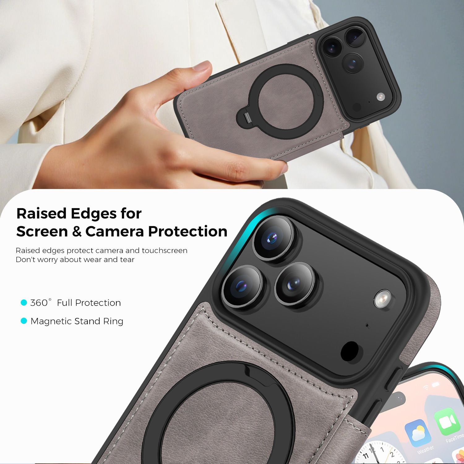 Ốp lưng da lật iPhone 16 Pro Max xoay 360 độ tích hợp giá đỡ từ tính — màu đen, màu xanh hoàng gia, Màu nâu, xám chi tiết 38