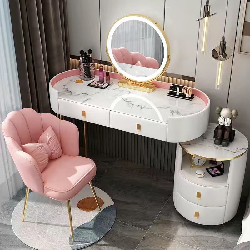 Pink gold 120cm table + cabinet + smart mirror + petal chair