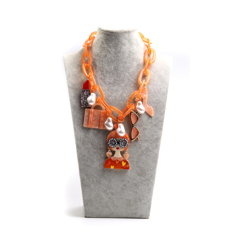 欧美跨境时尚个性小配件夸张长款项链女复古拼色亚克力美人头项链详情9